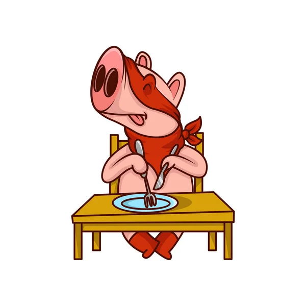Superhéroe cerdo sentado detrás de la mesa con tenedor y cuchillo, listo para comer. Animal humanizado con máscara roja. Icono de vector de dibujos animados — Vector de stock