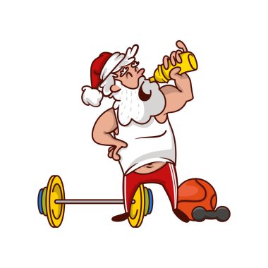 Noel Baba içme suyu, barbell ile egzersiz yaptıktan sonra dinlenme. Yaşlı adam kırmızı şapkalı sakallı. Çizgi film vektör tasarımı