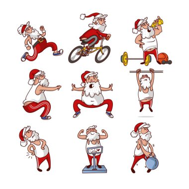 Vektör yağ Noel Baba farklı eylemleri ayarlayın. Sakallı ihtiyar spor meşgul. Fiziksel aktivite. Çizgi film karakteri