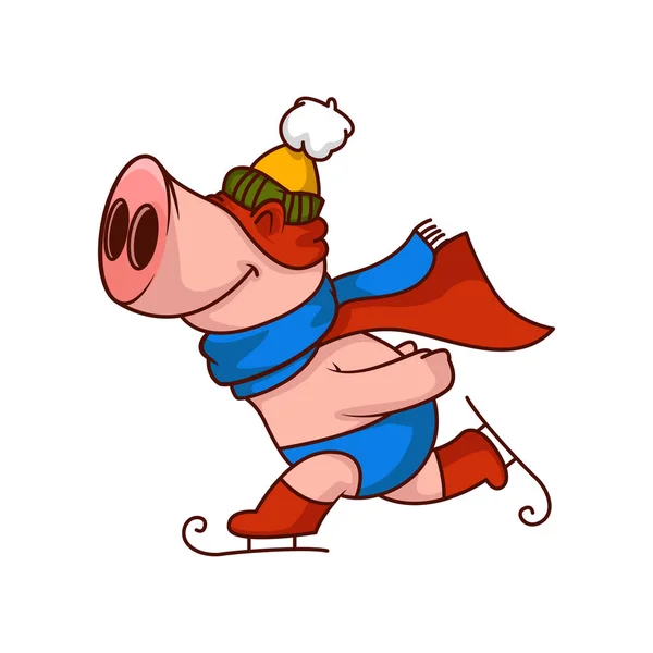 Lindo superhéroe cerdo montando patines de hielo. Animal humanizado. Actividad invernal. Divertido personaje de dibujos animados. Diseño vectorial — Vector de stock