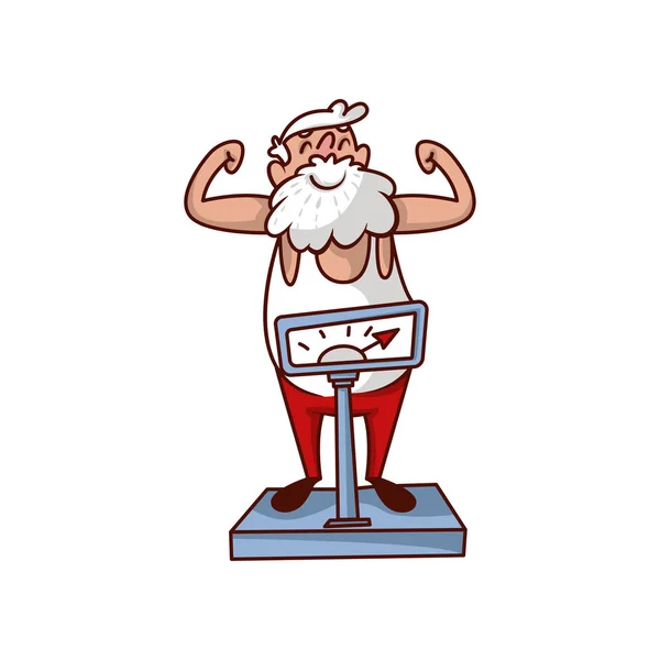 Joyeux Père Noël debout sur des échelles et montrant biceps. Vieil homme barbu au visage heureux. Conception vectorielle de bande dessinée — Image vectorielle