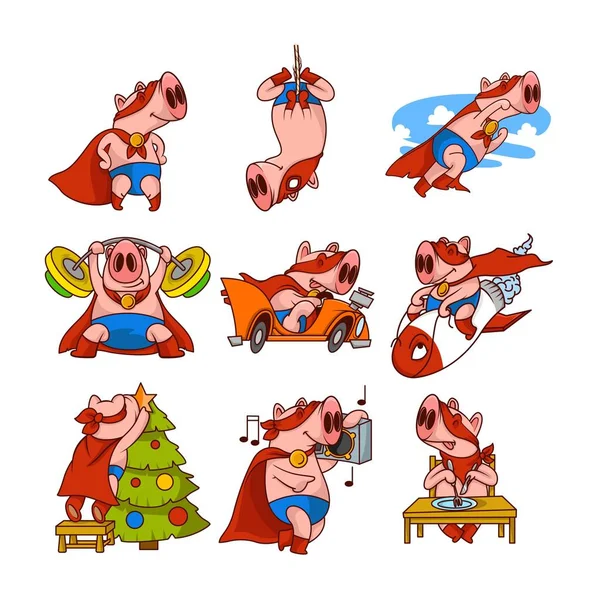 Vector set of pig superhero in different actions. Funny humanized animal in red mask and mantle. Cartoon character — Stock Vector