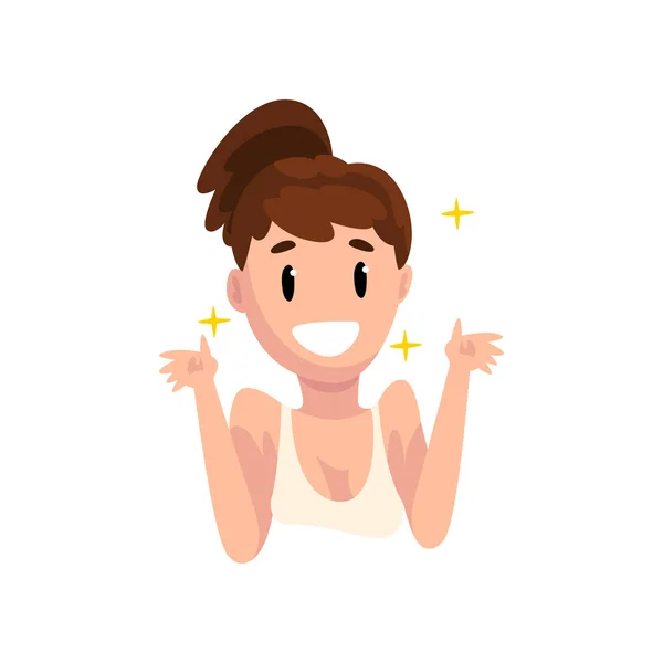 Šťastná dívka s čistá pleť, mladá žena pečující o její tvář, dermatologie a kosmetologie koncept vektorové ilustrace na bílém pozadí — Stockový vektor