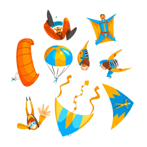 Parachutisten vliegen met parachutes en deltavliegers set, extreme parachutespringen sport, parachutespringen vector illustratie op een witte achtergrond — Stockvector