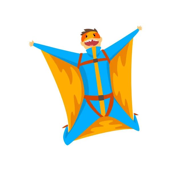 Hombre con traje de ala volando en el cielo, paracaidismo, paracaidismo vector deportivo extremo Ilustración sobre un fondo blanco — Vector de stock