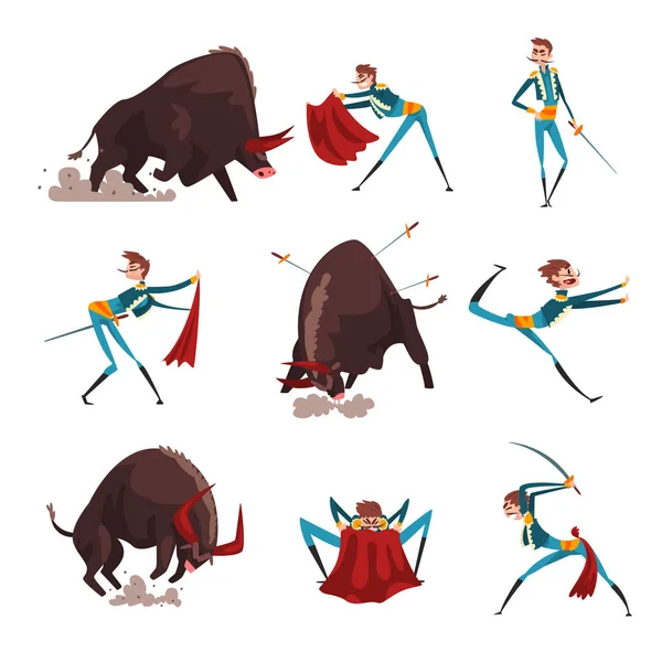 Toreador with red cape and sword fighting with furious black bull set, bullfighting, corrida performance vector Illustration on a white background — Stock Vector