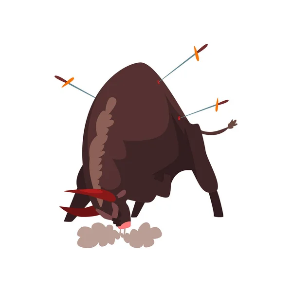 Furious black bull pierced by swords, bullfighting, corrida performance vector Illustration on a white background — Stock Vector