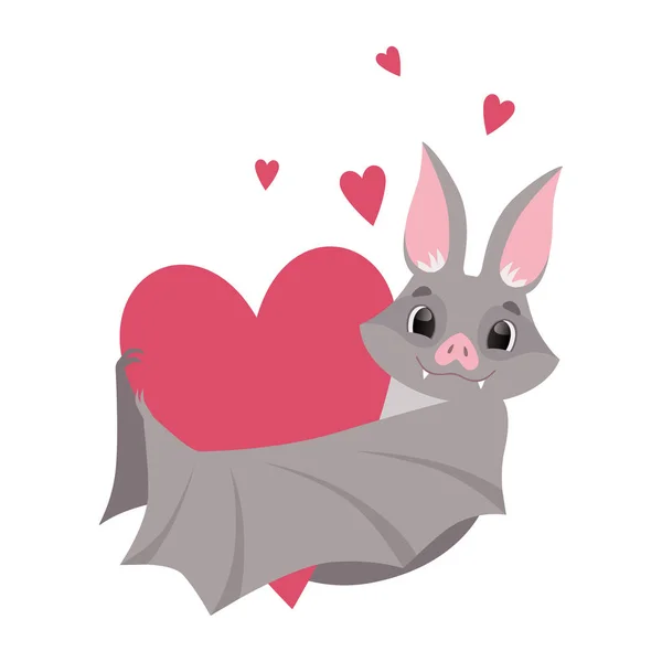 Lindo murciélago con corazón rojo, gris divertida criatura personaje de dibujos animados vector Ilustración sobre un fondo blanco — Archivo Imágenes Vectoriales