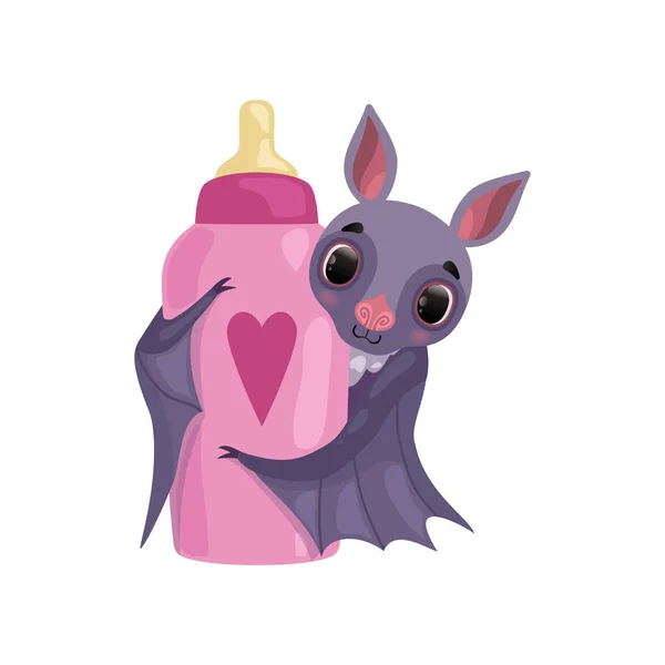 Cute bat holding pink milk bottle, funny creature cartoon character vector Illustration on a white background — Illustration Cute bat holding pink milk bottle, funny creature cartoon character vector Illustration on a white background — Stock Vector