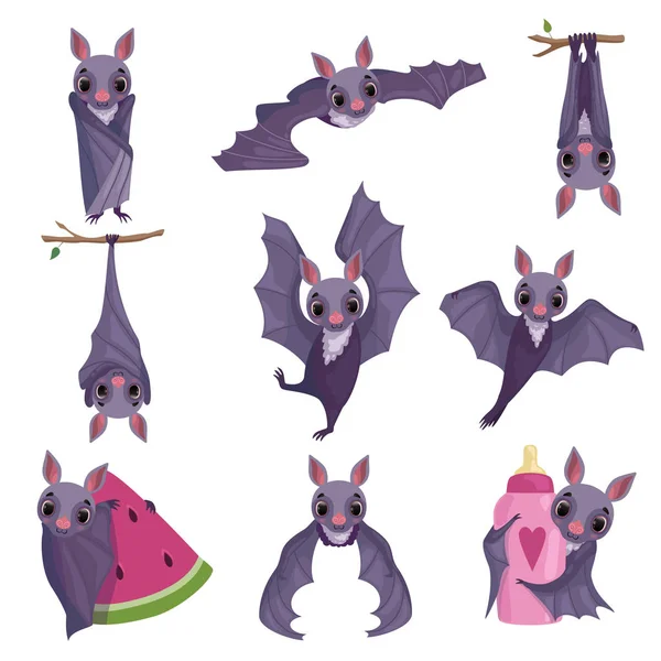 Collection de drôles de chauves-souris violettes, personnages de dessins animés créature mignon dans différentes situations vectoriel Illustration sur un fond blanc — Image vectorielle