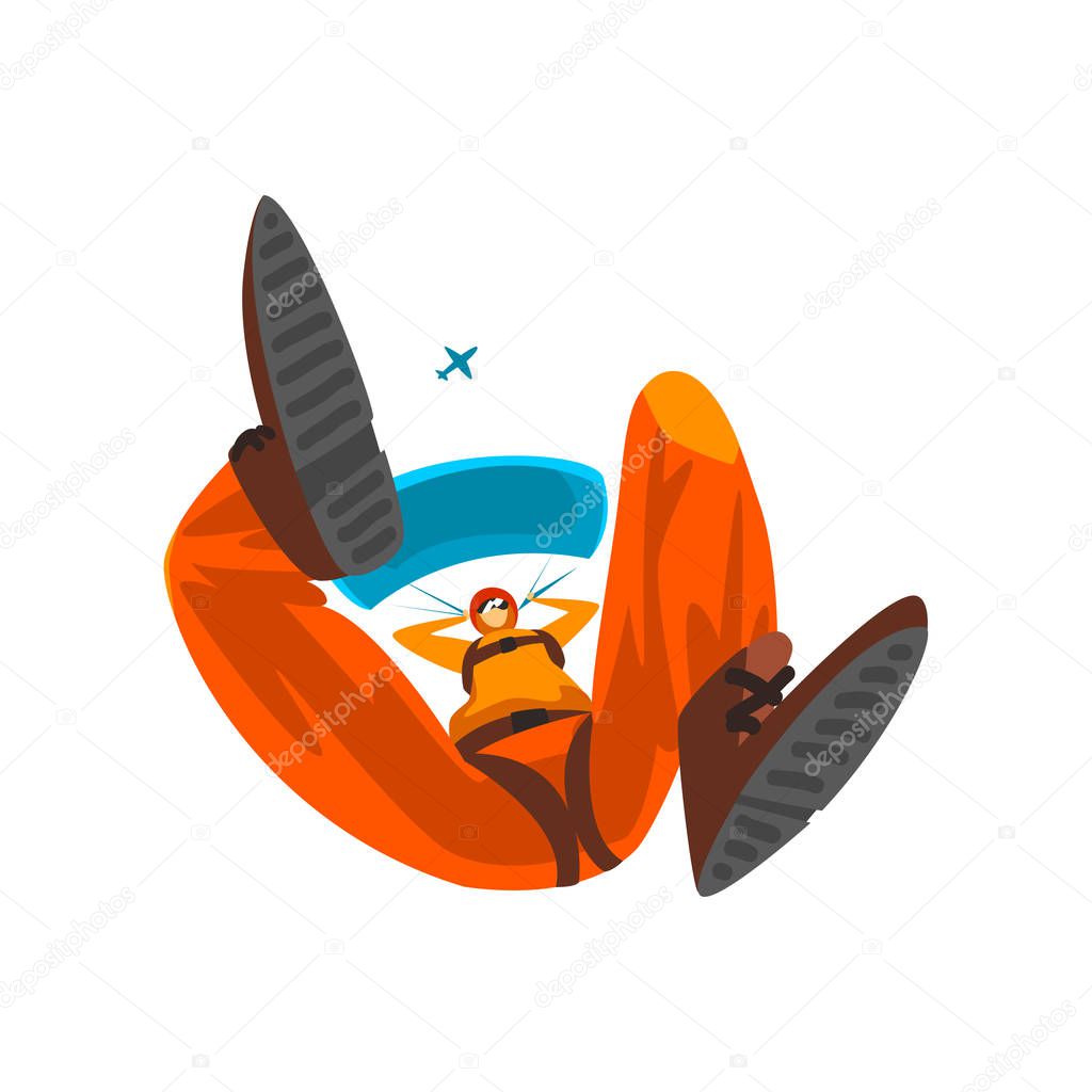 Skydiver flying with parachute, bottom view, skydiving, parachuting extreme sport vector Illustration on a white background