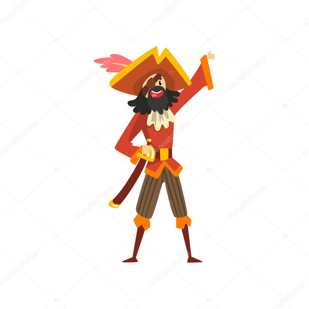 Man in a pirate costume, funny person at carnival party or masquerade vector Illustration on a white background