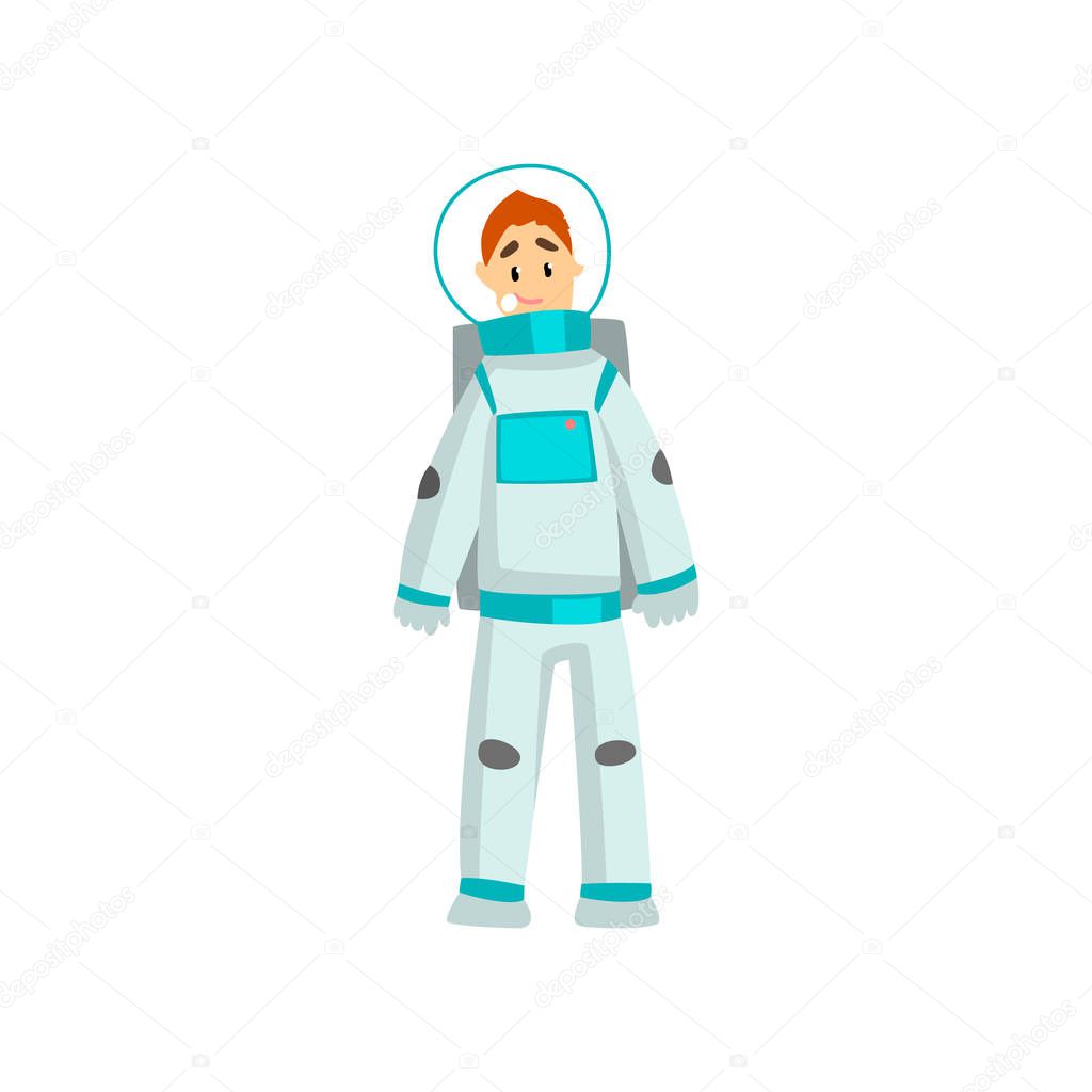 Man dressed as an astronaut, funny person at carnival party or masquerade vector Illustration on a white background