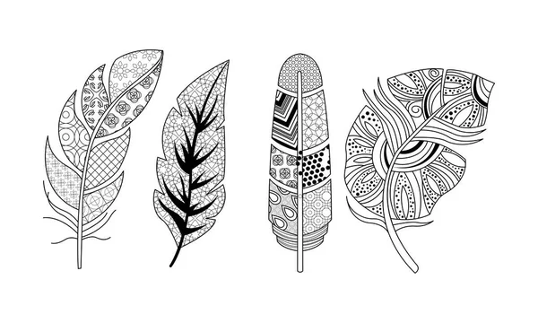 Художественно нарисованные перья набор, винтажные, племенные, стилизованные перья, шаблон для окраски вектора страницы Иллюстрация на белом фоне — стоковый вектор