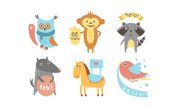 Niedliche Tiere mit Banner-Set, Eule, Waschbär, Affe, Wolf, Pferd, Vogel, Schilder mit Text, Design-Element für Grußkarte, Druck, Plakat, Bannervektorillustration — Stockvektor