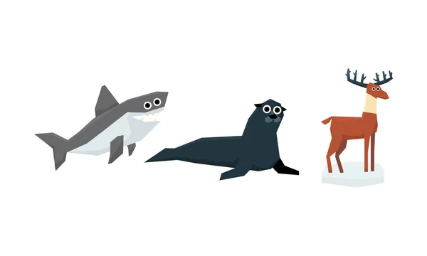 Collection of cute geometric animals, shark, fur seal, elk vector Illustration — Stock Vector