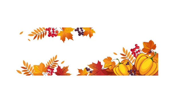 Знамя Дня благодарения с тыквами и разноцветными черникой, рябинами, кленовыми листьями, рамка с пространством для текстового вектора Иллюстрация — стоковый вектор