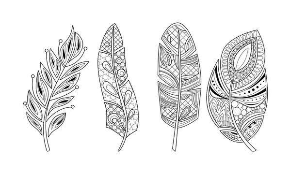 Coleção de penas estilizadas, tribal preto e branco, pena desenhada artisticamente, padrão para página de coloração, vetor de design de tatuagem Ilustração em um fundo branco — Vetor de Stock