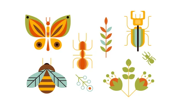 คอลเลกชันของแมลงและพืช, ผีเสื้อ, ผึ้ง, มดและธรรมชาติและกวางแมลงปีกแข็ง, องค์ประกอบการออกแบบระบบนิเวศ ภาพวาดเวกเตอร์ — ภาพเวกเตอร์สต็อก