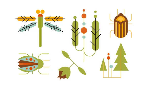 곤충과 나무, 자연 및 생태 디자인 요소 벡터 일러스트 레이 션의 컬렉션 — 스톡 벡터