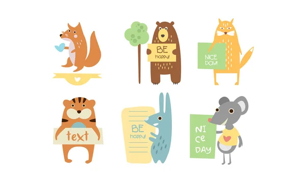 Lovely animals with banners set, cute fox, bear, cat, tiger, rabbit, mouse holding signboards with text, design elelment for greeting card, print, poster, banner vector Illustration — Stock Vector