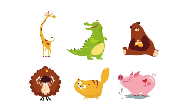 Jogo engraçado bonito dos animais, girafa, crocodilo, urso, ovelha, gato, vetor do porco Ilustração — Vetor de Stock