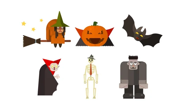 Conjunto de iconos de Halloween, bruja, calabaza, vampiro, murciélago, asustadizo, esqueleto, zombi, elementos de diseño para un vector de vacaciones Ilustración — Vector de stock