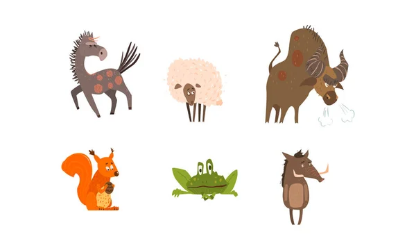 Collection of funny farm and forest animals, horse, sheep, bison, squirrel, frog, boar vector Illustration isolated on a white background.