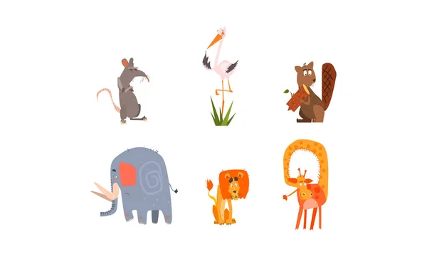 Coleção de floresta engraçada e animais africanos, rato, garça, castor, elefante, leão, vetor de girafa Ilustração sobre um fundo branco —  Vetores de Stock