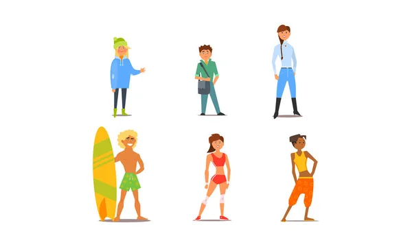 Diferentes personas, hombres y mujeres jóvenes y adultos personajes de diferente apariencia y hobbies vector Ilustración — Vector de stock