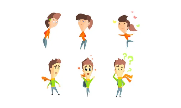 Girl and guy showing different emotions set, people with different facial expressions vector Illustration — Stock Vector