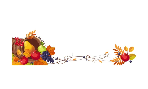 Thanksgiving banner med ymnighetshorn och utrymme för text, höstens frukter och blad vektor Illustration — Stock vektor