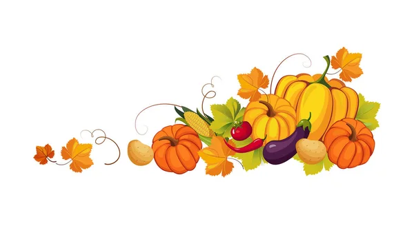 Bannière de Thanksgiving avec légumes d'automne et feuilles colorées, cadre de bordure avec espace pour vecteur de texte Illustration — Image vectorielle