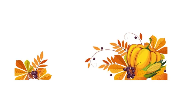 Thanksgiving banner met kleurrijke herfstbladeren en pompoen, grenskader met ruimte voor tekst vector illustratie — Stockvector