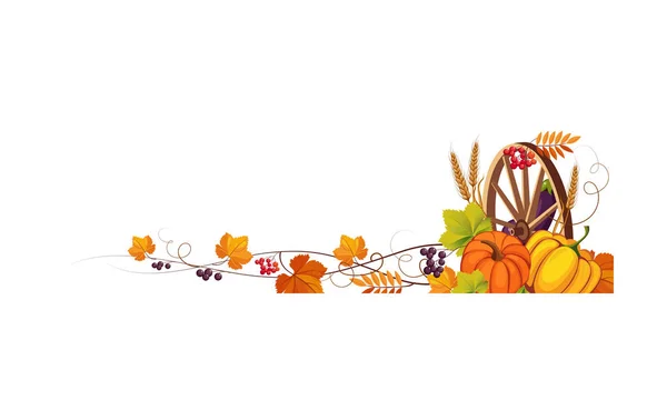 Hálaadás banner helyet szöveget, őszi zöldségek, levelek és fából készült kerék vektoros illusztráció és a bőségszaru — Stock Vector