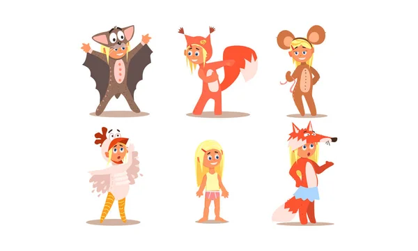 Menina em trajes de mascarada diferentes conjunto, morcego, esquilo, macaco, raposa, vetor de patinho Ilustração — Vetor de Stock
