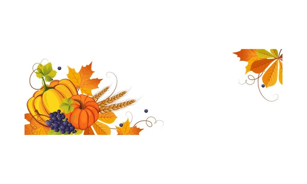 Bannière de Thanksgiving avec espace pour le texte, légumes d'automne, fruits et feuilles vecteur Illustration — Image vectorielle