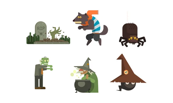 Conjunto de iconos de Halloween, tumba con lápida, bruja, araña, hombre lobo, zombi, elementos de diseño para un vector navideño Ilustración — Vector de stock