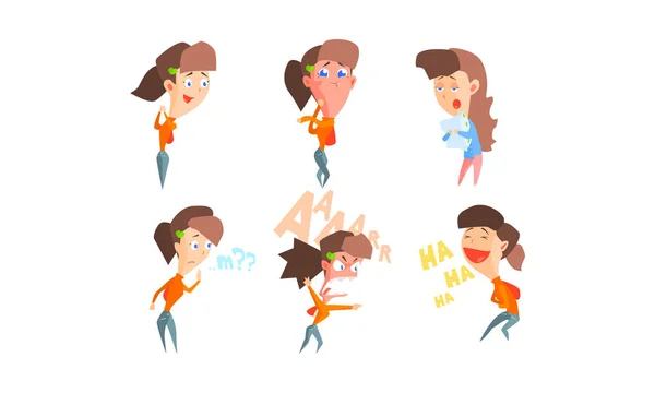 Chica mostrando diferentes emociones conjunto, chica con diferentes expresiones faciales y poses vector Ilustración — Vector de stock