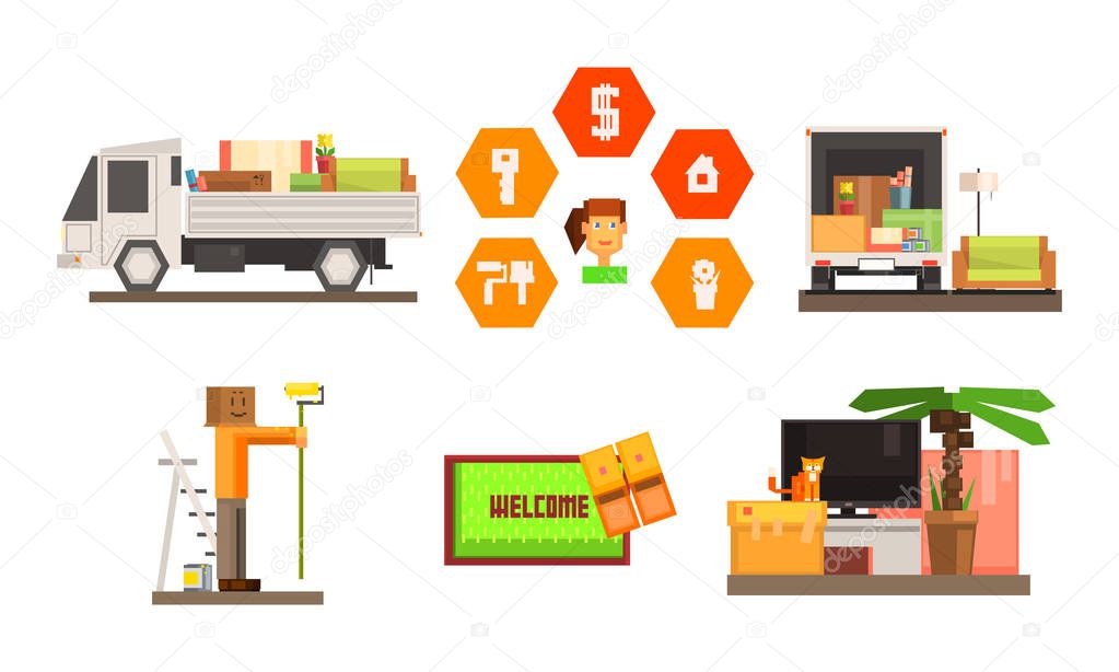 Real estate icons set, people moving to a new home, truck transporting furniture and personal belongings vector Illustration