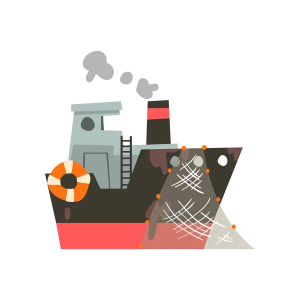 Bateau de pêche avec filet, chalutier industriel pour la production de fruits de mer, vecteur vapeur marin rétro Illustration — Image vectorielle