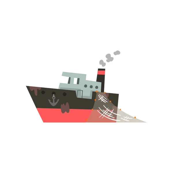 Vissersboot, industriële trawler voor zeevruchten productie vector illustratie — Stockvector