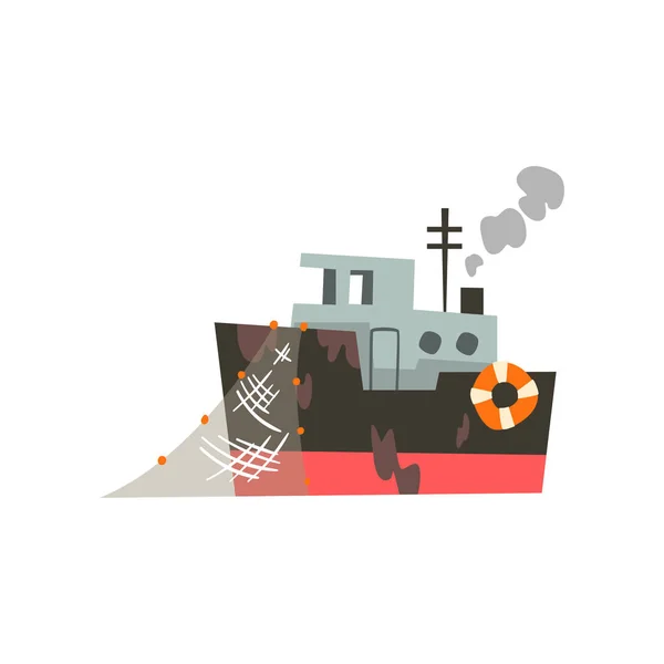 Hengelsport industriële trawler voor zeevruchten productie, retro marine schip vector illustratie — Stockvector