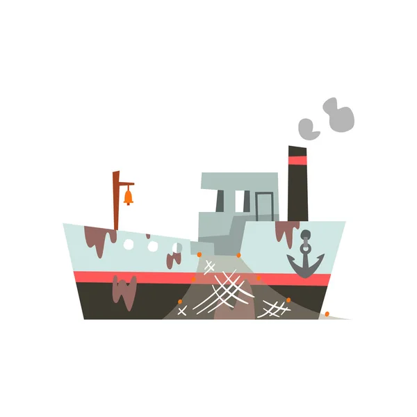 レトロな海洋の汽船ベクトル図シーフード用ネットと漁船 — ストックベクタ