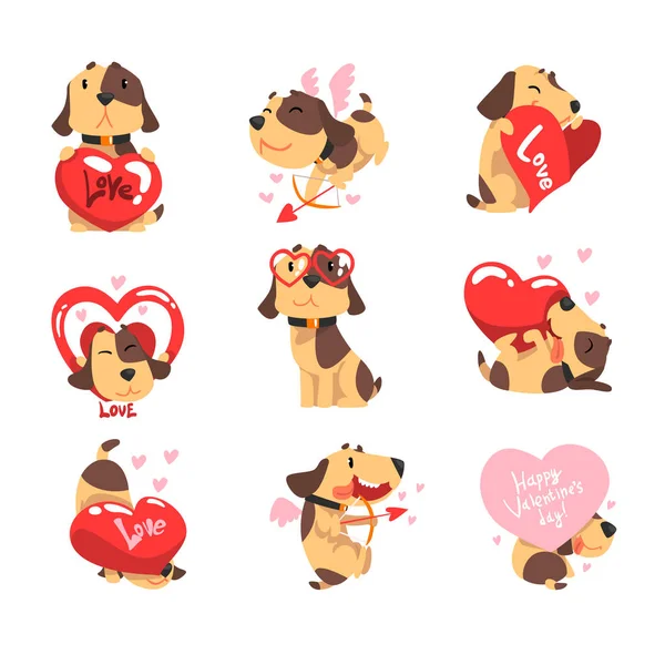 Grappige Jack Russell Terrier hond met hart ingesteld, schattige Valentine dierlijke karakter vector illustratie — Stockvector