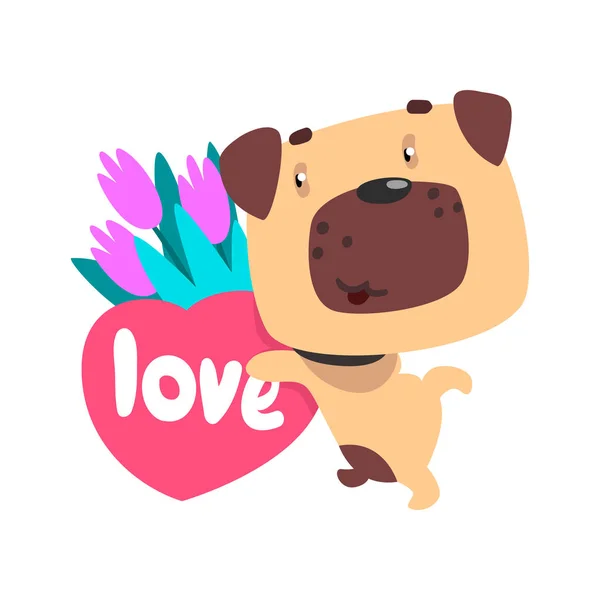 Αστείο πατημασιά σκύλος με μπουκέτο από λουλούδια και ροζ καρδιά, χαριτωμένο Αγίου Βαλεντίνου το χαρακτήρα του ζώου διανυσματικά εικονογράφηση — Διανυσματικό Αρχείο