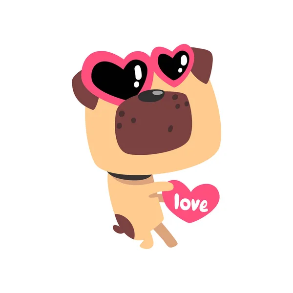 Funny Pug Dog Sunglasses Shape Heart Cute Valentine Animal Character — Stock Vector