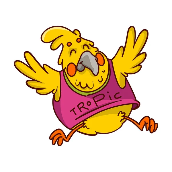 Divertido loro amarillo brillante en camisa rosa. Pájaro tropical humanizado con bozal feliz. Diseño de vectores de dibujos animados — Vector de stock
