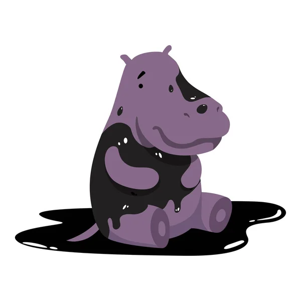 Hipopótamo en manchas de petróleo, problema ambiental global, vector de desastre ecológico Ilustración sobre fondo blanco — Archivo Imágenes Vectoriales