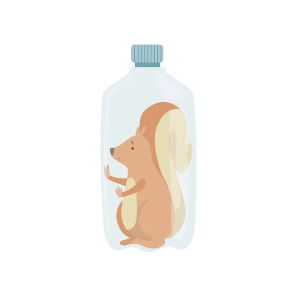 Plastic bottle with squirrel animal inside, global environmental problem, ecological disaster vector Illustration on a white background — Stock Vector